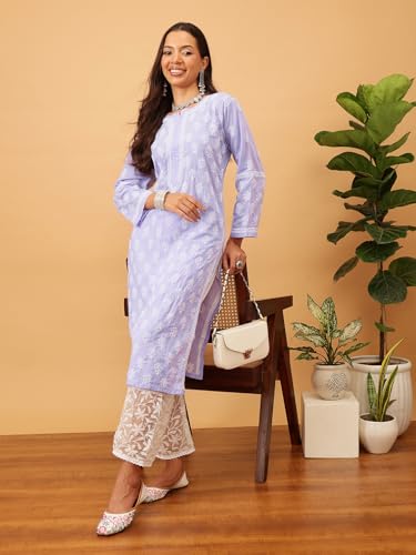 Ada Hand Embroidered Lucknowi Chikankari Mauve Cotton Kurta Kurti for Women A411707 (4XL)