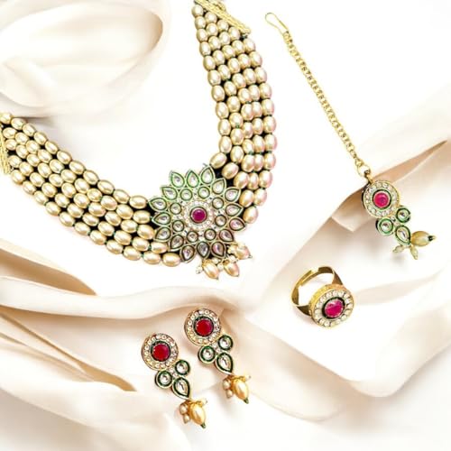 ACCESSHER Kundan Pearls Choker Set with Earrings, Maangtikka & Finger Ring with a Pair of Transparent Earring & Maangtikka Supporter Patch| For Women & Girls