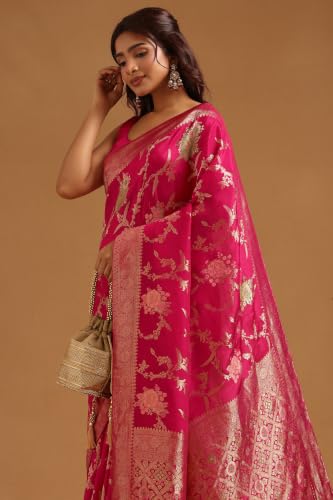 Soch Womens Fuchsia Crepe Botanical Zari Woven Saree