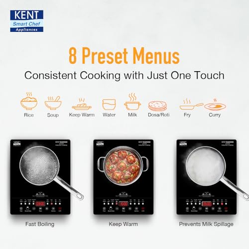KENT Diamond Induction Cooktop 2000W|8 Preset Menu|Full Microcrystalline Glass|Feather Touch Buttons & Led Display|Milk Boiling & Keep Warm Function|Overheat Protection & Auto Turn-Off, Radiant,Black