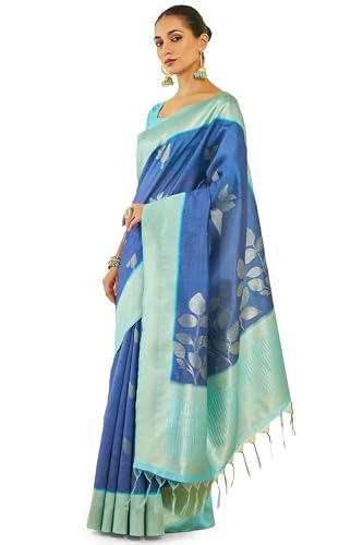 Soch Womens Blue Tussar Silk Saree With Zari Woven Foliage Designs