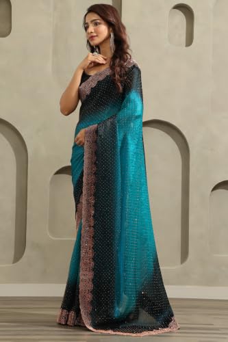 Soch Womens Blue Fendy Organza Ombre Stone Embellished Saree