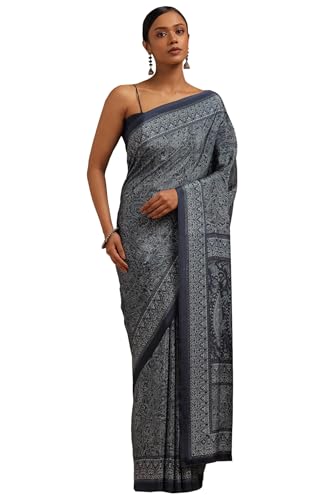 Soch Womens Navy Blue Crepe Ethnic Motifs Saree