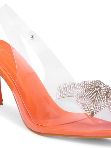 JM LOOKS Women Stylish Fashionable Party Heel Kitten Heel Sandal Embellished Heel Pointed Toe Back Strap for Wedding Party Evening Prom - Orange