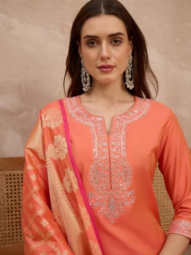 Rangavali Coral Peach Cotton Silk Embroidered Festive Suit Set With Bararasi Zari Woven Dupatta | Family Function, Office Festive & Wedding Ethnic Wear Suit Set | XL, 38
