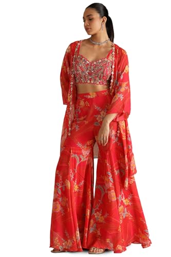 Soch Womens Multicolour Georgette Embroidered Co-Ord Set With Mirror And Cutdana