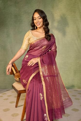 Taneira Purple Woven Pure Silk Cotton Chanderi Saree with Unstitched Blouse Piece (8905906844210 - Purple)