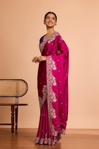 Taneira Women Pink Viscose Satin Embroidered Saree With Unstitched Blouse Piece (SAPP10AC5305-Pink)