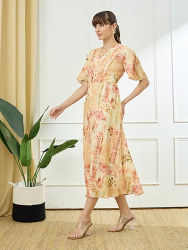 Latin Quarters Women's Yellow Half Sleeves V-Neck Casual Printed Dress_XXL
