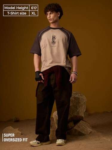 The Souled Store Nomad: Primal Men and Boys Short Sleeves Round Neck Brown Colour-Block Tribal Applique Patch Casual Drop Shoulder Streetwear Cotton Oversized T-Shirt