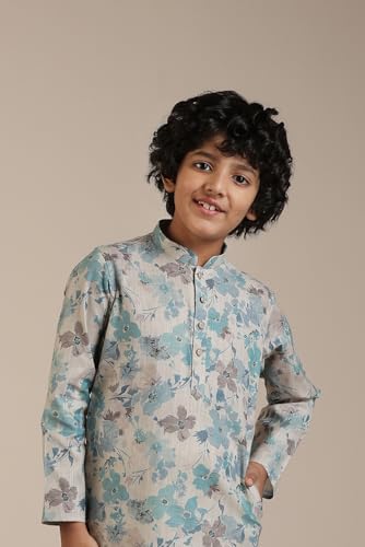 Manyavar Aqua Green Blended Linen Digital Print Kurta Pyjama Set for Child(12-14 years)