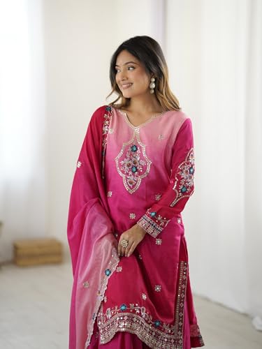 Leeli Peeri Designer Women's Chinon Silk Embroidery Kurta Palazzo and Dupatta Set