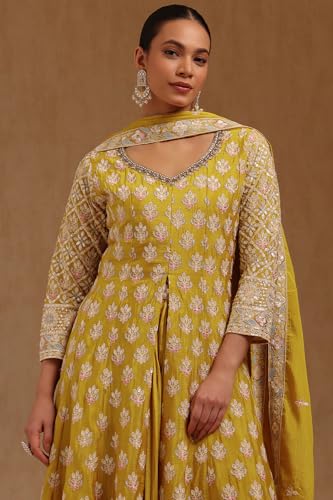 Soch Womens Mustard Chinon Embroidered Suit Set With Sequins