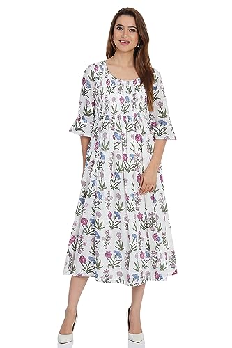 BIBA Women's Off White Cotton Flared Printed Dress Ankle Length DRESSES14868SS19OWHT