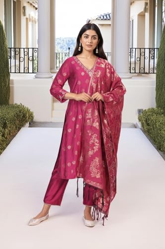 W for Woman Pink Ethnic Motifs Zari Embroidered A-Line Jacquard Kurta with Straight Pant and Dupatta Set (WS13239-314442-S)