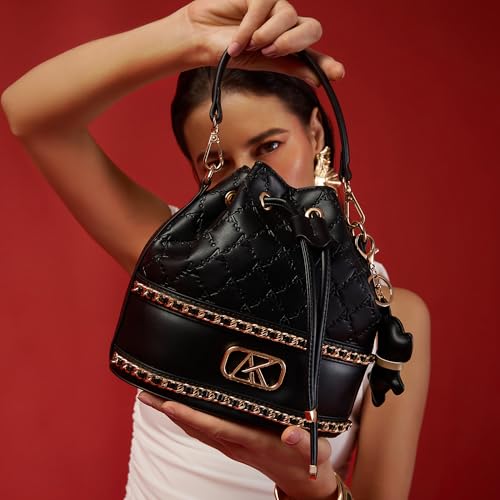 Akiki London Women's Hanwell 21 Small Bucket Bag|comes with a Dog Charm|Metal Finish|Stylish Ladies Purse|Party Handbag for Women