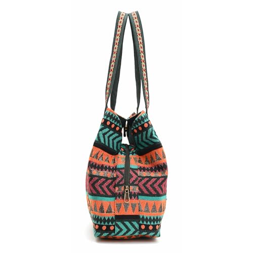 Boho Girl Women Multicolor Jacquard Fusion Tote (Green Multi)