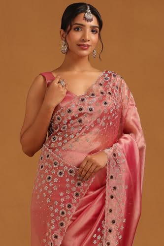 Soch Womens Blush Pink Tissue Floral Saree With Stone Work