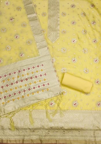 Leeli Peeri Designer Women's Yellow Organza Zari Woven Ethnic Motif Unstitched Dress Material(806PDM4)