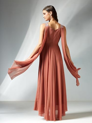 Miss Chase Women's V-Neck Sleeveless Floral Cut-Out Georgette Maxi Dress (MCSS24D06-70-288-03, Dark Peach, S)