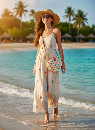 MAIRO LIFESTYLE Rattan Cane Straw Wicker Handmade Boho Summer Beach Round Sling Bag (Love Heart)