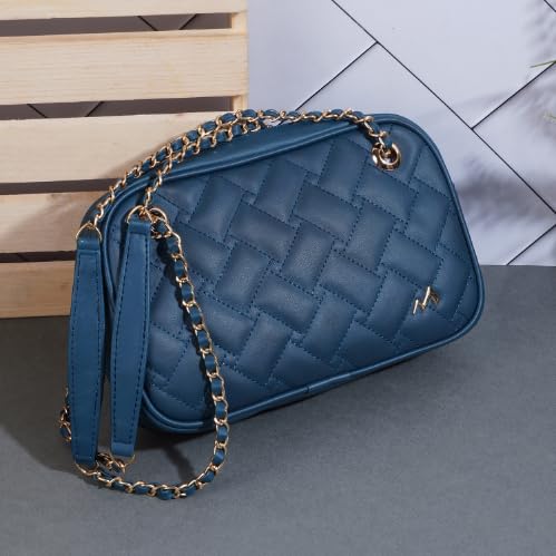 Metro Blue Faux Leather Premium Zipper Casual Sling Bag For Women