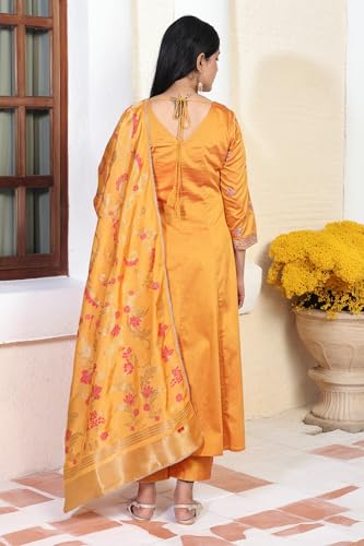 W for Woman Yellow Floral Print Embroidered Anarkali Jacquard Kurta with Straight Pant and Dupatta Set (WS13243-224277-XS)