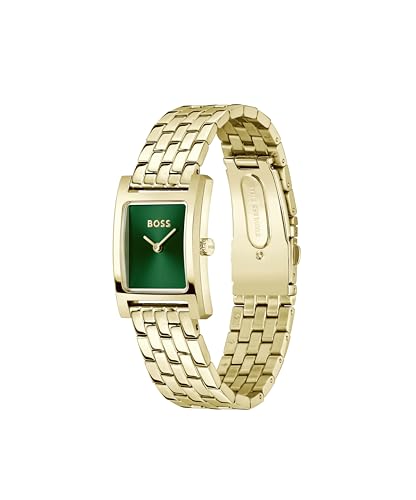 BOSS Lucy Qtm Qtz Basic Slim Green Rectangle Dial Women's Watch|Ionic Plated Thin Gold Steel Material|Gold Color Band - 1502785
