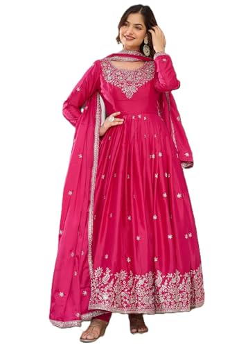 LEELI PEERI DESIGNER Women's American Silk Sequence Work Pink Anarkali Kurta with Trouser and Dupatta(52PDM1-XL)