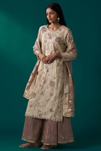 Wishful Women's Light Gold Heavy Embroidered Straight Tissue Chanderi Kurta with Culottes and Dupatta Set (SP12467-400321-L)