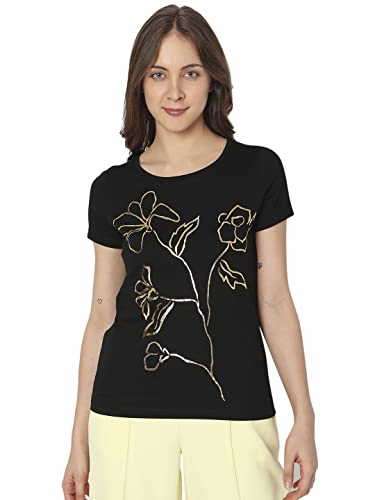 Vero Moda Women's Cotton Blend Regular Fit Black T-Shirt_Large