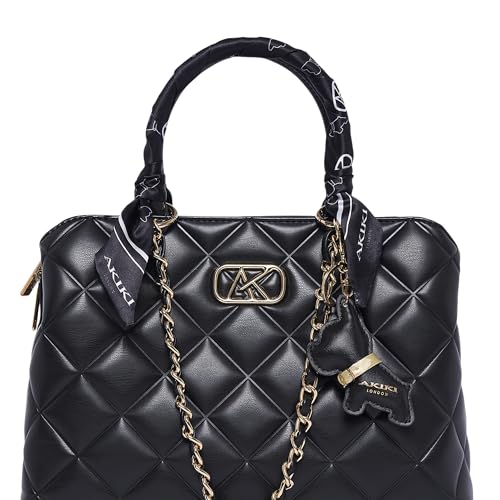 Akiki London Women's Waterloo 13 Satchel Handbag|Quilted Pattern|comes with Scarf and Dog Charm|Metal Detailling|Premium Office Handbag for Women