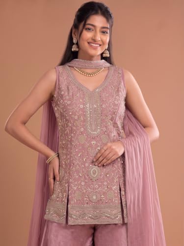 Varanga Women Pink A Line Kurta Palazzos Set V Neck Sleeveless Chinon