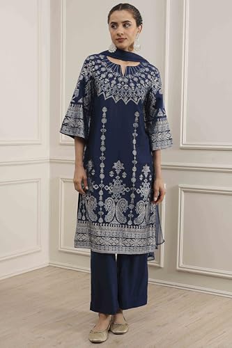 Biba Women Blue Polyester Blend Straight Printed Suit Set_46