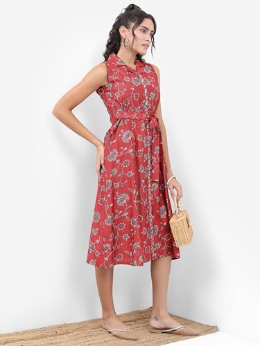 Vishudh Women Sleeveless Collared Neck Dress VNa1002381 Red M