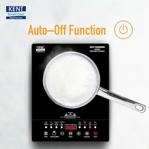 KENT Diamond Induction Cooktop 2000W|8 Preset Menu|Full Microcrystalline Glass|Feather Touch Buttons & Led Display|Milk Boiling & Keep Warm Function|Overheat Protection & Auto Turn-Off, Radiant,Black