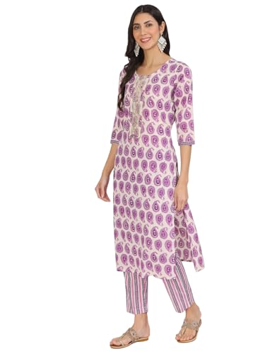 Divena Purple Floral Print Cotton Kurta pant with Dupatta set for women