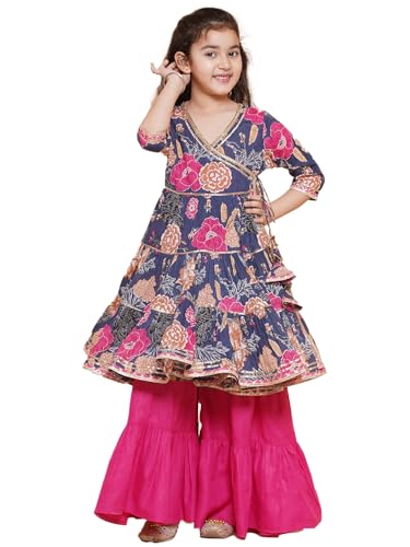 Bitiya By Bhama Girls Blue & Pink Floral Printed Angrakha Pure Cotton Gotta Patti Kurta With Sharara(TKS104)