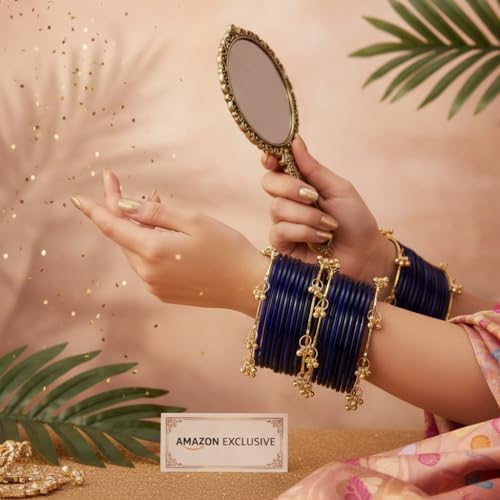 KAYASHA Blue Premium Glass Bangles Set with Ghungroo For Women|Trendy Kashmiri Bangles|Kangan Set For Women|Kanch Ki Chudiya Set Girls|Trendy Bangle For Gift|Wedding & Parties - Set Of 20