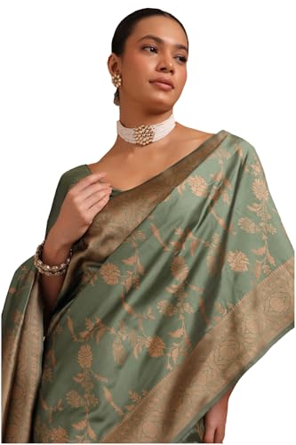 Soch Womens Sap Green Tussar Floral Print Saree