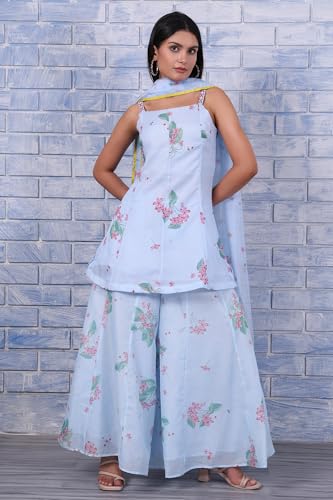 W for Woman Blue Floral Printed Thread Embroidered Kota Flared Kurta, Flared Pant and Dupatta Set (Size: M)-WS12677-125426