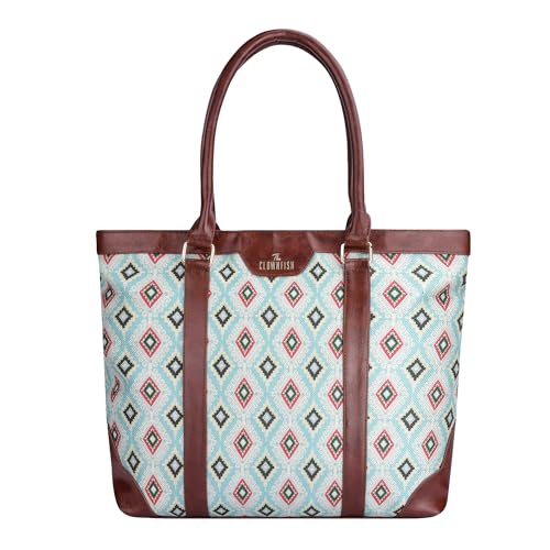 THE CLOWNFISH Miranda Series 15.6 inch Laptop Bag For Women Printed Handicraft Fabric & Faux Leather Office Bag Briefcase Hand Messenger bag Tote Shoulder Bag (Skyblue-Diamond Design)
