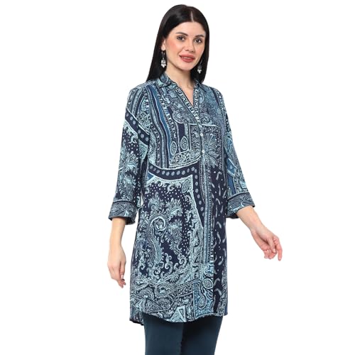 BIBA Women Viscose Straight Fit Printed Kurta Mix and Match(Jamawar20170_Navy_32)