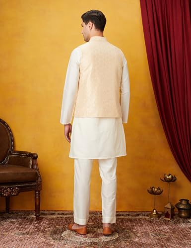 Symbol Premium Rayon Blend Men's Festive Geometric Nehru Jacket Kurta Pant Set (3pcs) (SP-M-A24-ET-501_OFF WHITE/L.YELLOW_2XL)