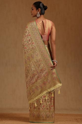 Soch Womens Yellow Tussar Floral Woven Design Saree