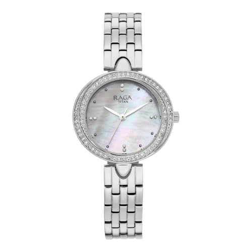 Titan Raga Showstopper 5.0 Quartz 3 Hands Round White MOP Dial, Silver Strap Watch for Women - 95463SM01