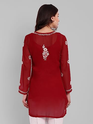 Ada Hand Embroidered Lucknow Chikankari Red Georgette Short Top Tunic Kurti for Women A911354 (3XL)