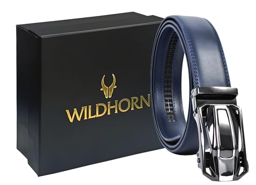 WildHorn Men's Genuine Leather Belt for Men| Premium Auto-Lock Buckle | Adjustable up to 48” | Formal & Casual Wear | Micro-Adjust Fit | Stylish Gift Box Included (MIDNIGHT NAVY)