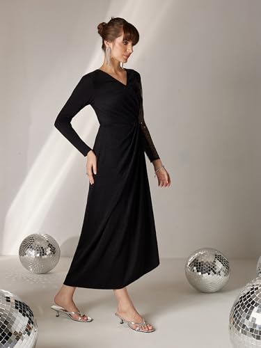 Miss Chase Women's V-Neck Full Sleeve Embellished Pleated Longline Dress (MCAW25D88-40-62-03, Black, S)
