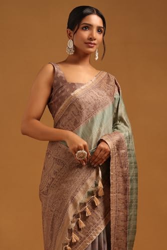Soch Womens Light Green Tussar Ethnic Motifs Saree With Kantha Embroidery